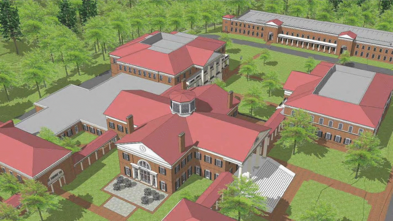 Illustrated animation showing Saunders Hall currently with vision for future