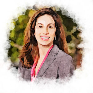 Headshot of Darden Professor Allison Elias rendered in the style of a watercolor painting.