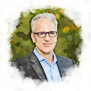 Headshot of Darden Professor Eric Siegel rendered in the style of a watercolor painting