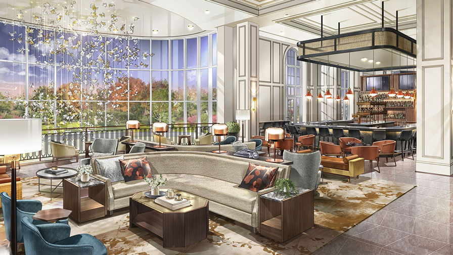 Rendering of lobby and bar at the Forum Hotel 