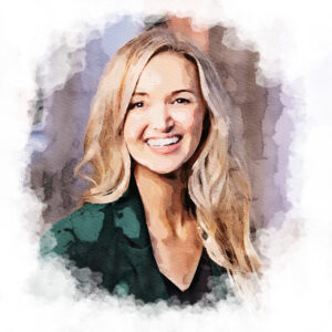 Headshot of Darden Professor Melanie Prengler rendered in the style of a watercolor painting.