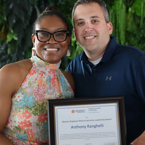 Anthony Ranghelli, winner of the Marian Chapman Moore Executive Leadership Award, (right) with Assistant Dean for Student Engagement Sherri Watson.