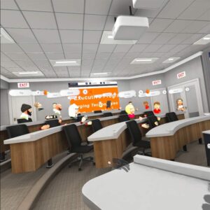 A screenshot of the metaverse version of a Darden classroom with students' avatars in attendance.