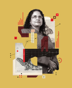 Portrait graphic illustration of Darden professor Saras Sarasvathy on a yellow background.