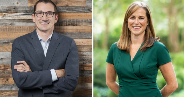 Headshots of Caitlin Mavraganis (MBA ’11) and Matthew Kemph (EMBA ’23)