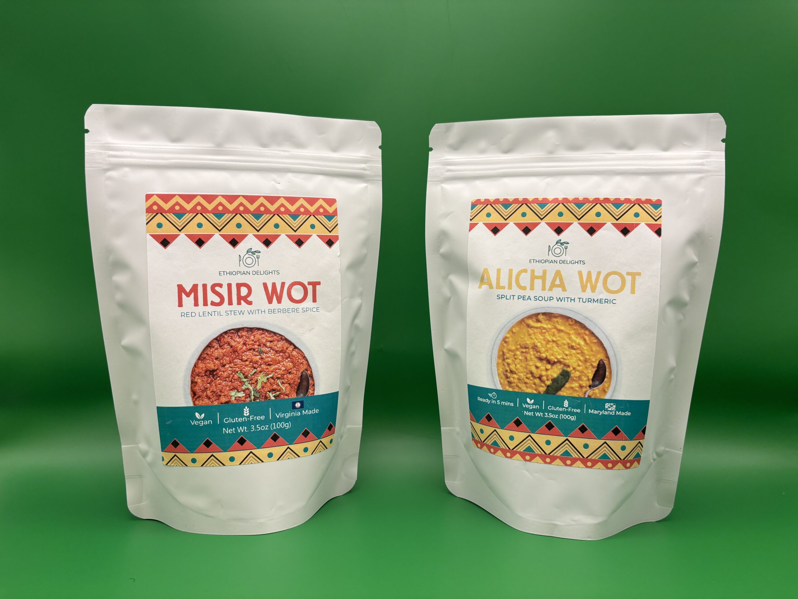 A photo of two Ethiopian Delights products on a green background.