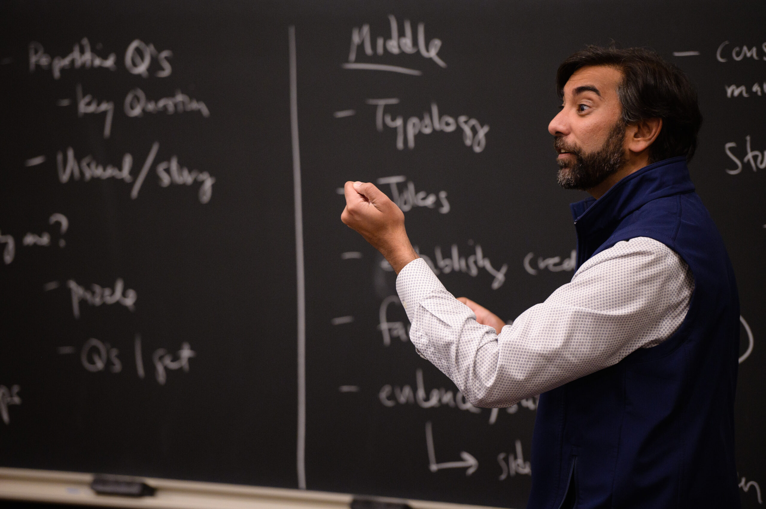 Photo of Darden professor Bobby Parmar teaching in front of a chalkboard.