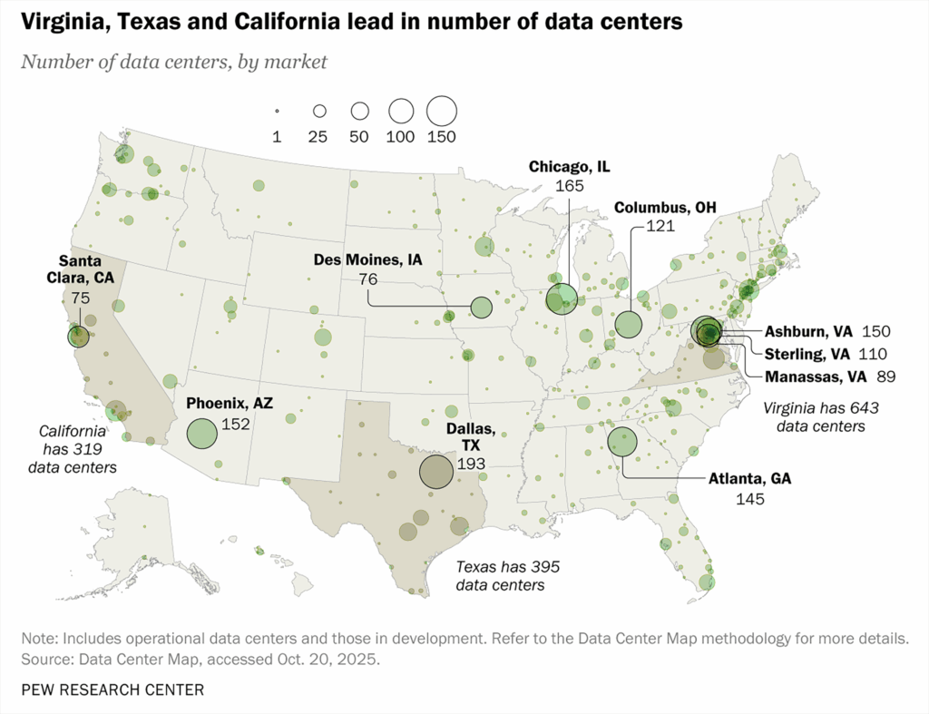 Map of the US with data centers plotted.